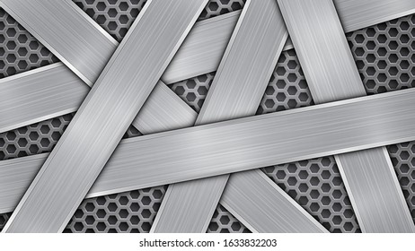 Background in silver and gray colors, consisting of a perforated metallic surface with holes and several randomly arranged intersecting polished plates with a metal texture, glares and shiny edges