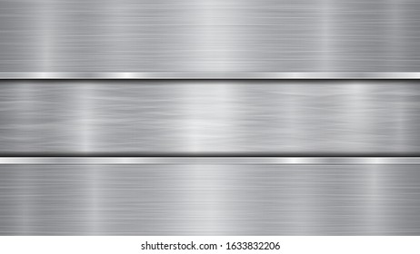 Background in silver and gray colors, consisting of a shiny metallic surface and two horizontal polished plates located above and below, with a metal texture, glares and burnished edges