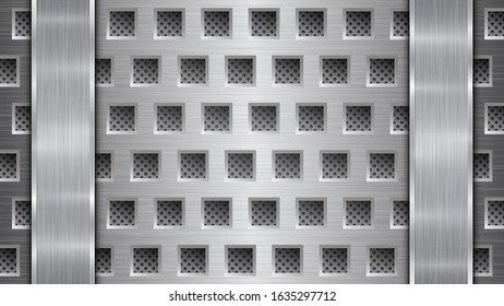 Background in silver and gray colors, consisting of a perforated metallic surface with holes and two vertical polished plates located left and right, with a metal texture, glares and shiny edges