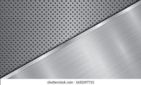 Background in silver and gray colors, consisting of a perforated metallic surface with holes and one big polished plate located in diagonal, with a metal texture, glares and shiny edge