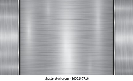Background in silver and gray colors, consisting of a shiny metallic surface and two vertical polished plates located left and right, with a metal texture, glares and burnished edges