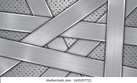 Background in silver and gray colors, consisting of a perforated metallic surface with holes and several randomly arranged intersecting polished plates with a metal texture, glares and shiny edges