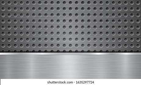 Background in silver and gray colors, consisting of a perforated metallic surface with holes and one horizontal polished plate located below, with a metal texture, glares and shiny edges