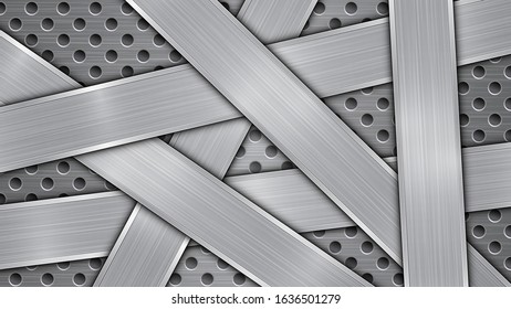Background in silver and gray colors, consisting of a perforated metallic surface with holes and several randomly arranged intersecting polished plates with a metal texture, glares and shiny edges