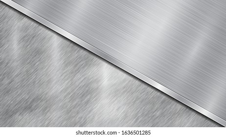 Background in silver and gray colors, consisting of a shiny metallic surface and one big polished plate located in diagonal, with a metal texture, glares and burnished edge
