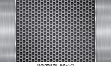 Background in silver and gray colors, consisting of a perforated metallic surface with holes and two vertical polished plates located left and right, with a metal texture, glares and shiny edges