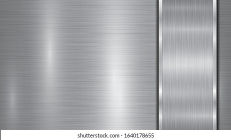 Background in silver and gray colors, consisting of a shiny metallic surface and one vertical polished plate located on right side, with a metal texture, glares and burnished edges