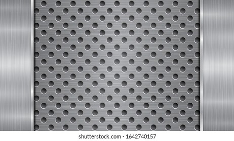 Background in silver and gray colors, consisting of a perforated metallic surface with holes and two vertical polished plates located left and right, with a metal texture, glares and shiny edges