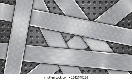 Background in silver and gray colors, consisting of a perforated metallic surface with holes and several randomly arranged intersecting polished plates with a metal texture, glares and shiny edges