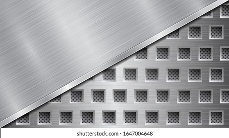 Fondo en colores plateados y grises, compuesto por una superficie metálica perforada con orificios y una gran placa pulida situada en diagonal, con textura metálica, resplandecientes y bordes brillantes