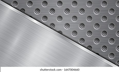 Background in silver and gray colors, consisting of a perforated metallic surface with holes and one big polished plate located in diagonal, with a metal texture, glares and shiny edge