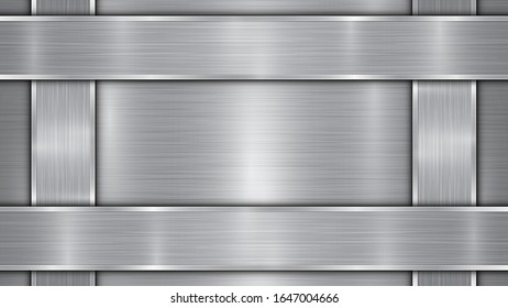 Background in silver and gray colors, consisting of a shiny metallic surface and vertical and horizontal polished plates located on four sides, with a metal texture, glares and burnished edges