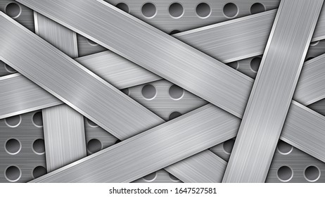 Fondo en colores plateados y grises, compuesto por una superficie metálica perforada con orificios y varias placas pulidas dispuestas al azar, con textura metálica, resplandecientes y bordes brillantes