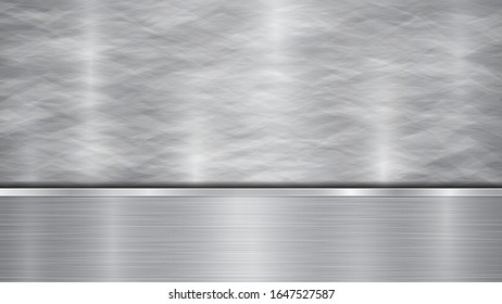 Background in silver and gray colors, consisting of a shiny metallic surface and one horizontal polished plate located below, with a metal texture, glares and burnished edges