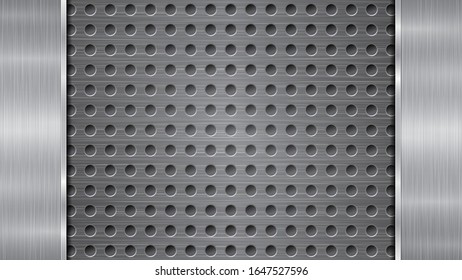 Background in silver and gray colors, consisting of a perforated metallic surface with holes and two vertical polished plates located left and right, with a metal texture, glares and shiny edges