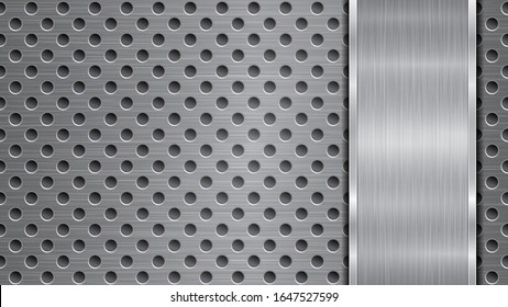 Hintergrund in den Farben Silber und Grau, bestehend aus einer gelochten metallischen Oberfläche mit Löchern und einer vertikal polierten Platte auf der rechten Seite, mit einer Metallstruktur, Glasseisen und glänzenden Kanten