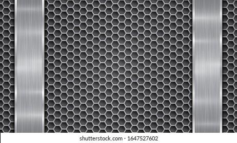 Background in silver and gray colors, consisting of a perforated metallic surface with holes and two vertical polished plates located left and right, with a metal texture, glares and shiny edges