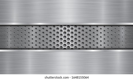 Background in silver and gray colors, consisting of a perforated metallic surface with holes and two horizontal polished plates located above and below, with a metal texture, glares and shiny edges