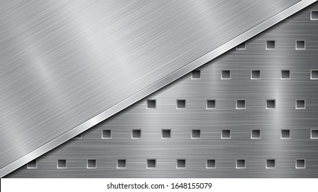 Background in silver and gray colors, consisting of a perforated metallic surface with holes and one big polished plate located in diagonal, with a metal texture, glares and shiny edge