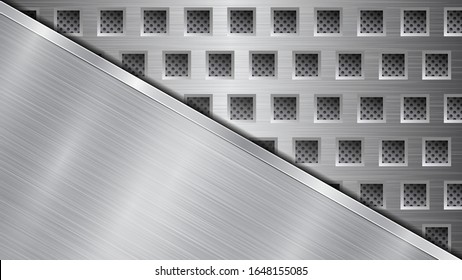 Fondo en colores plateados y grises, compuesto por una superficie metálica perforada con orificios y una gran placa pulida situada en diagonal, con textura metálica, resplandecientes y bordes brillantes