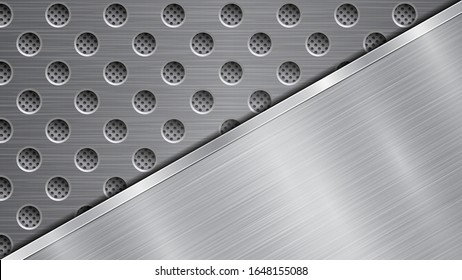 Background in silver and gray colors, consisting of a perforated metallic surface with holes and one big polished plate located in diagonal, with a metal texture, glares and shiny edge