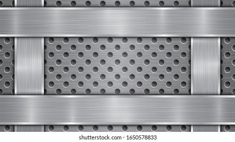 Background in silver and gray colors, consisting of a perforated metallic surface with holes and vertical and horizontal polished plates located on four sides, with a metal texture and shiny edges