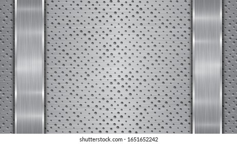 Background in silver and gray colors, consisting of a perforated metallic surface with holes and two vertical polished plates located left and right, with a metal texture, glares and shiny edges