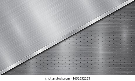 Background in silver and gray colors, consisting of a perforated metallic surface with holes and one big polished plate located in diagonal, with a metal texture, glares and shiny edge