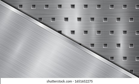 Background in silver and gray colors, consisting of a perforated metallic surface with holes and one big polished plate located in diagonal, with a metal texture, glares and shiny edge