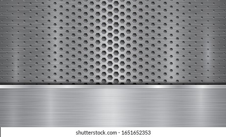 Background in silver and gray colors, consisting of a perforated metallic surface with holes and one horizontal polished plate located below, with a metal texture, glares and shiny edges