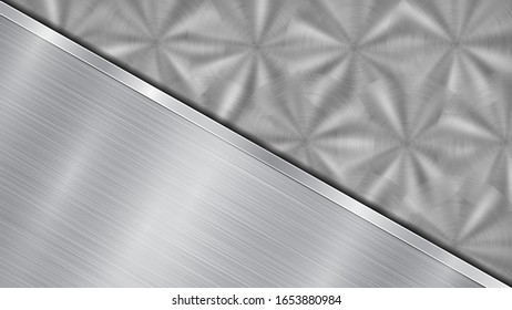 Background in silver and gray colors, consisting of a shiny metallic surface and one big polished plate located in diagonal, with a metal texture, glares and burnished edge