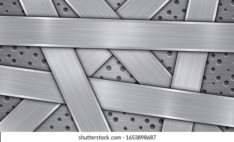 Fondo en colores plateados y grises, compuesto por una superficie metálica perforada con orificios y varias placas pulidas dispuestas al azar, con textura metálica, resplandecientes y bordes brillantes