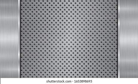 Background in silver and gray colors, consisting of a perforated metallic surface with holes and two vertical polished plates located left and right, with a metal texture, glares and shiny edges