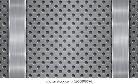 Hintergrund in den Farben Silber und Grau, bestehend aus einer gelochten metallischen Oberfläche mit Löchern und zwei vertikal polierten Platten links und rechts, mit einer Metallstruktur, Glasseisen und glänzenden Kanten