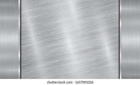 Background in silver and gray colors, consisting of a shiny metallic surface and two vertical polished plates located left and right, with a metal texture, glares and burnished edges