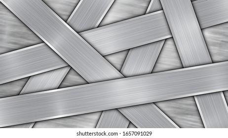 Background in silver and gray colors, consisting of a shiny metallic surface and several randomly arranged intersecting polished plates with a metal texture, glares and burnished edges