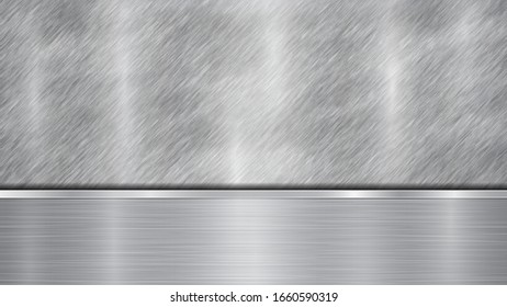 Background in silver and gray colors, consisting of a shiny metallic surface and one horizontal polished plate located below, with a metal texture, glares and burnished edges