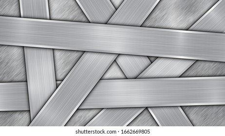 Background in silver and gray colors, consisting of a shiny metallic surface and several randomly arranged intersecting polished plates with a metal texture, glares and burnished edges