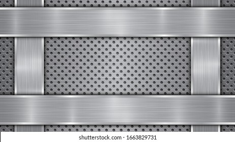 Background in silver and gray colors, consisting of a perforated metallic surface with holes and vertical and horizontal polished plates located on four sides, with a metal texture and shiny edges