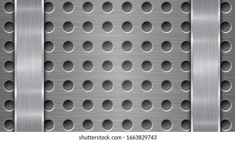 Background in silver and gray colors, consisting of a perforated metallic surface with holes and two vertical polished plates located left and right, with a metal texture, glares and shiny edges