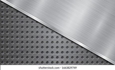 Background in silver and gray colors, consisting of a perforated metallic surface with holes and one big polished plate located in diagonal, with a metal texture, glares and shiny edge