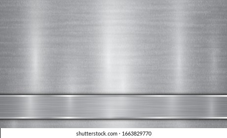 Background in silver and gray colors, consisting of a shiny metallic surface and one horizontal polished plate located below, with a metal texture, glares and burnished edges