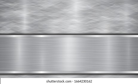 Background in silver and gray colors, consisting of a shiny metallic surface and one horizontal polished plate located below, with a metal texture, glares and burnished edges