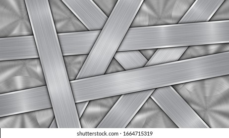 Background in silver and gray colors, consisting of a shiny metallic surface and several randomly arranged intersecting polished plates with a metal texture, glares and burnished edges