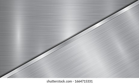 Background in silver and gray colors, consisting of a shiny metallic surface and one big polished plate located in diagonal, with a metal texture, glares and burnished edge