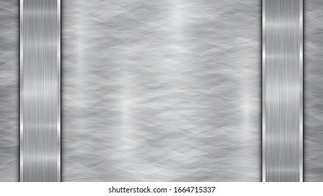 Background in silver and gray colors, consisting of a shiny metallic surface and two vertical polished plates located left and right, with a metal texture, glares and burnished edges