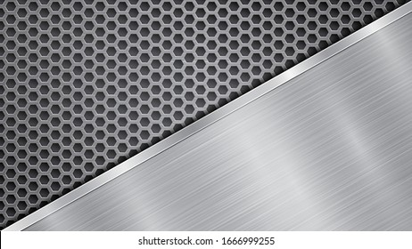 Background in silver and gray colors, consisting of a perforated metallic surface with holes and one big polished plate located in diagonal, with a metal texture, glares and shiny edge