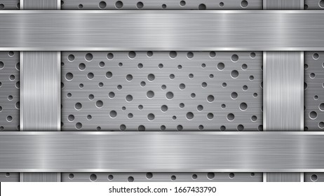 Fondo en colores plateados y grises, compuesto por una superficie metálica perforada con orificios y placas verticales y horizontales pulidas situadas en cuatro lados, con textura metálica y bordes brillantes
