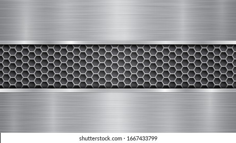 Background in silver and gray colors, consisting of a perforated metallic surface with holes and two horizontal polished plates located above and below, with a metal texture, glares and shiny edges