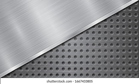 Fondo en colores plateados y grises, compuesto por una superficie metálica perforada con orificios y una gran placa pulida situada en diagonal, con textura metálica, resplandecientes y bordes brillantes